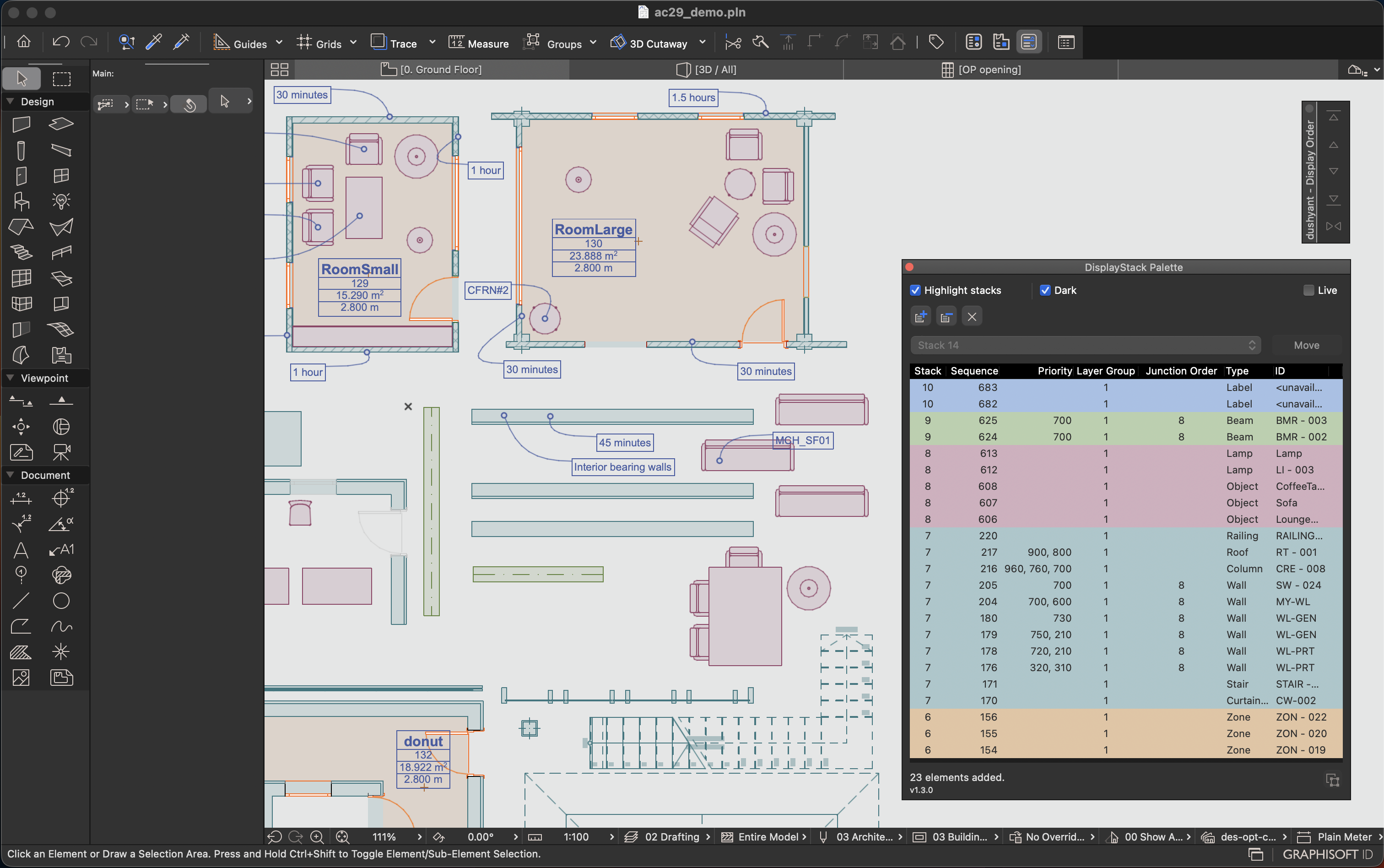 DisplayStack palette and highlighted model elements in Archicad
