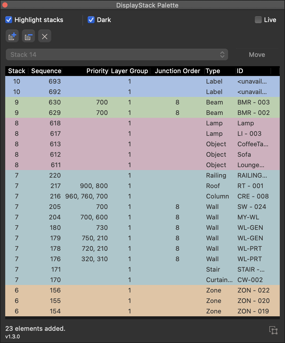 DisplayStack palette showing Layer Group, Junction Order and dark-mode colours